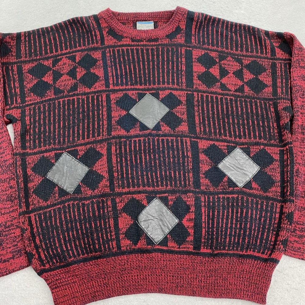 Vintage Playboy Sweater Mens 2X Red Black Pullover Crew Neck Leather Trim - Picture 2 of 9